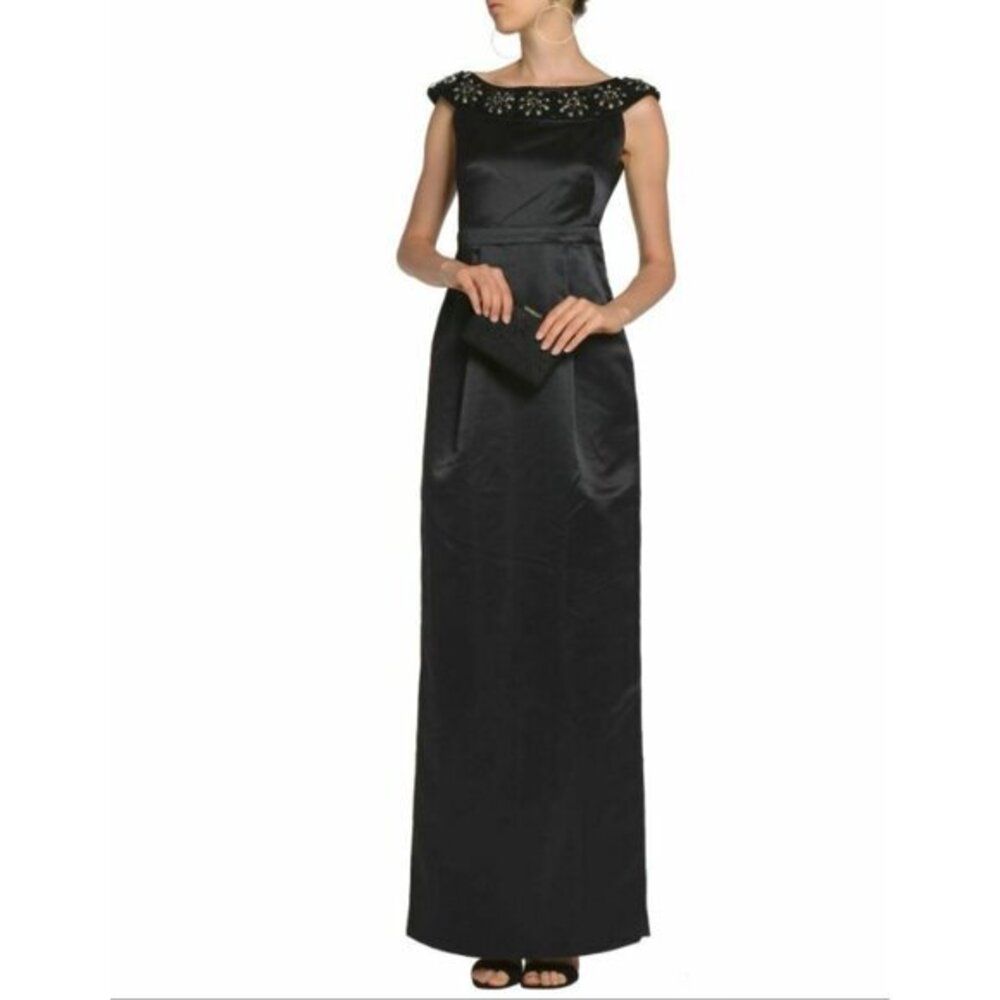 Raoul Gown Black Onyx Satin Column Embellished Long Dress SZ 2 NWT
